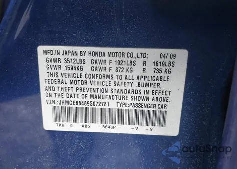 2009 Honda Fit Sport z USA, uszkodzony, nr VIN JHMGE88489S072781